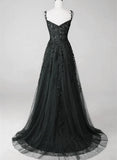 A-line Lace Straps Beaded Black Prom Dress Party Dress, Black Floor Length Formal Dress HZ1024