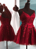 Wine Red Short Tulle with Lace Party Dress, Wine Red Homecoming Dress HZ1024