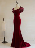 Wine Red Mermaid Long Velvet Wedding Party Dress, Wine Red Prom Dress Formal Dress HZ1024