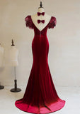 Wine Red Mermaid Long Velvet Wedding Party Dress, Wine Red Prom Dress Formal Dress HZ1024