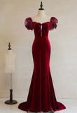 Wine Red Mermaid Long Velvet Wedding Party Dress, Wine Red Prom Dress Formal Dress HZ1024
