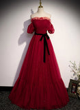 Wine Red Tulle Short Sleeves Tulle Long Party Dress, Wine Red Evening Dress HZ1024
