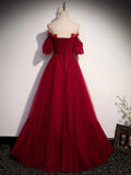 Wine Red Tulle Short Sleeves Tulle Long Party Dress, Wine Red Evening Dress HZ1024