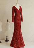 Wine Red Sequins Mermaid Long Sleeves Party Dress, Wine Red Long Prom Dress HZ1024
