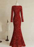 Wine Red Sequins Mermaid Long Sleeves Party Dress, Wine Red Long Prom Dress HZ1024