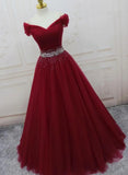 Wine Red Beaded Tulle Long Party Dress, Off Shoulder Wine Red Prom Dress HZ1024