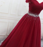 Wine Red Beaded Tulle Long Party Dress, Off Shoulder Wine Red Prom Dress HZ1024