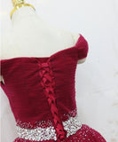 Wine Red Beaded Tulle Long Party Dress, Off Shoulder Wine Red Prom Dress HZ1024