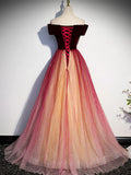 Wine Red Velvet and Tulle Off Shoulder Long Party Dress, Wine Red Junior Prom Dress HZ1024