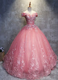 Dark Pink Princess Flowers Off Shoulder Sweet 16 Dress, Pink Formal Gown HZ1024