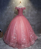 Dark Pink Princess Flowers Off Shoulder Sweet 16 Dress, Pink Formal Gown HZ1024