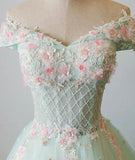 Light Green Flowers Beaded Off Shoulder Party Dress, Green Evening Prom Dress HZ1024