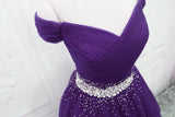 Dark Purple Tulle Beaded Off Shoulder Party Dress, Purple A-line Prom Dress HZ1024