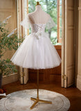 Cute White Tulle with Lace Short Party Dress, White Graduation Dress HZ1024