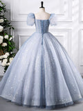 A-Line Blue Tulle Sequins Floor Length Prom Dress, Beautiful Short Sleeve Evening Party Dress HZ1024