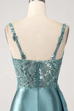 Mermaid V-Neck Satin Long Appliques Sequin Prom Dress With Slit HZ1024