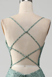 Spaghetti Staps Sparkly Grey Green Prom Dress with Beading HZ1024
