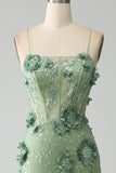 Mermaid Spaghetti Straps Green Corset Prom Dress with Appliques HZ1024
