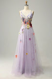 A Line Deep V Neck Lavender Long Prom Dress with Appliques HZ1024