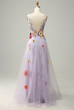 A Line Deep V Neck Lavender Long Prom Dress with Appliques HZ1024