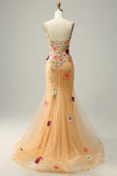 Mermaid Deep V Neck Champagne Long Prom Dress with Appliques HZ1024