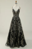 Black Golden Spaghetti Straps Long Prom Dress HZ1024