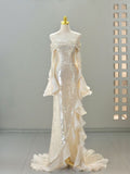 Champagne Strapless A-Line Long Sleeve Ruffle Glitter Long Evening Dress HZ1024