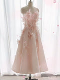 3D Pink Flower Strapless Sleeveless A-Line Tea Break Dresses HZ1024