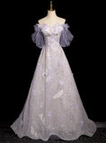 Purple Sequins Off the Shoulder Flower Prom Dress HZ1024