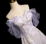 Purple Sequins Off the Shoulder Flower Prom Dress HZ1024