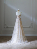 Champagne A-line Printed Heart Neck Strapless Tulle Long Evening Dresses HZ1024