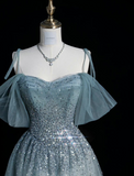 Blue Strapless Spaghetti Strap A Line Sequined Tulle Long Prom Dresses HZ1024