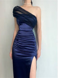 Blue Mermaid Strapless Strapless Tulle Satin High Split Prom Dresses HZ1024