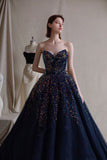 A-line Dark Blue Heart Shaped Neck Beaded Long Prom Dresses HZ1024