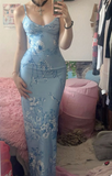 Sexy Blue Mermaid Printed Spaghetti Strap Long Prom Dresses HZ1024