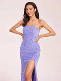 Blue Strapless Sequined High Slit Long Ball Gown HZ1024