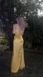 Yellow spaghetti strap sleeveless satin high slit evening dress HZ1024