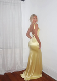 Yellow mermaid deep V-neck straps silk long evening gown ball gown HZ1024