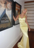Yellow mermaid deep V-neck straps silk long evening gown ball gown HZ1024