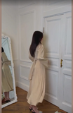 Soft satin champagne long-sleeved high-neck tea dress HZ1024