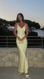 Yellow deep V-neck spaghetti strap satin mermaid simple ball gown evening dress HZ1024