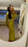 Yellow mermaid deep V neck long sleeve satin ankle length formal evening gown HZ1024
