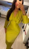Yellow mermaid deep V neck long sleeve satin ankle length formal evening gown HZ1024