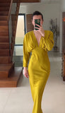 Yellow mermaid deep V neck long sleeve satin ankle length formal evening gown HZ1024