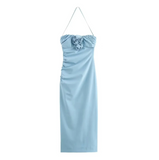 Simple Blue Halter Neck Mermaid 3D Flower Ankle-Length Ball Gown HZ1024
