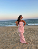 Elegant Pink Mermaid Strapless Lace Ruffle Length Ankle Ball Gown Evening Dress HZ1024