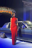 Soft Drape Red Turtleneck Sleeveless High Slit Floor Length Formal Prom Dress Evening Gown HZ1024