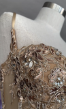 Elegant Gold Mermaid Spaghetti Straps Shiny Beaded High Slit Satin Formal Prom Dress Evening Gown HZ1024