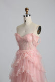 A-line pink off-the-shoulder sweetheart neckline tulle lace trim floor length formal prom dress evening gown HZ1024