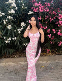 Pink Mermaid Halter Neck Off Shoulder Print Ball Gown Evening Dress HZ1024